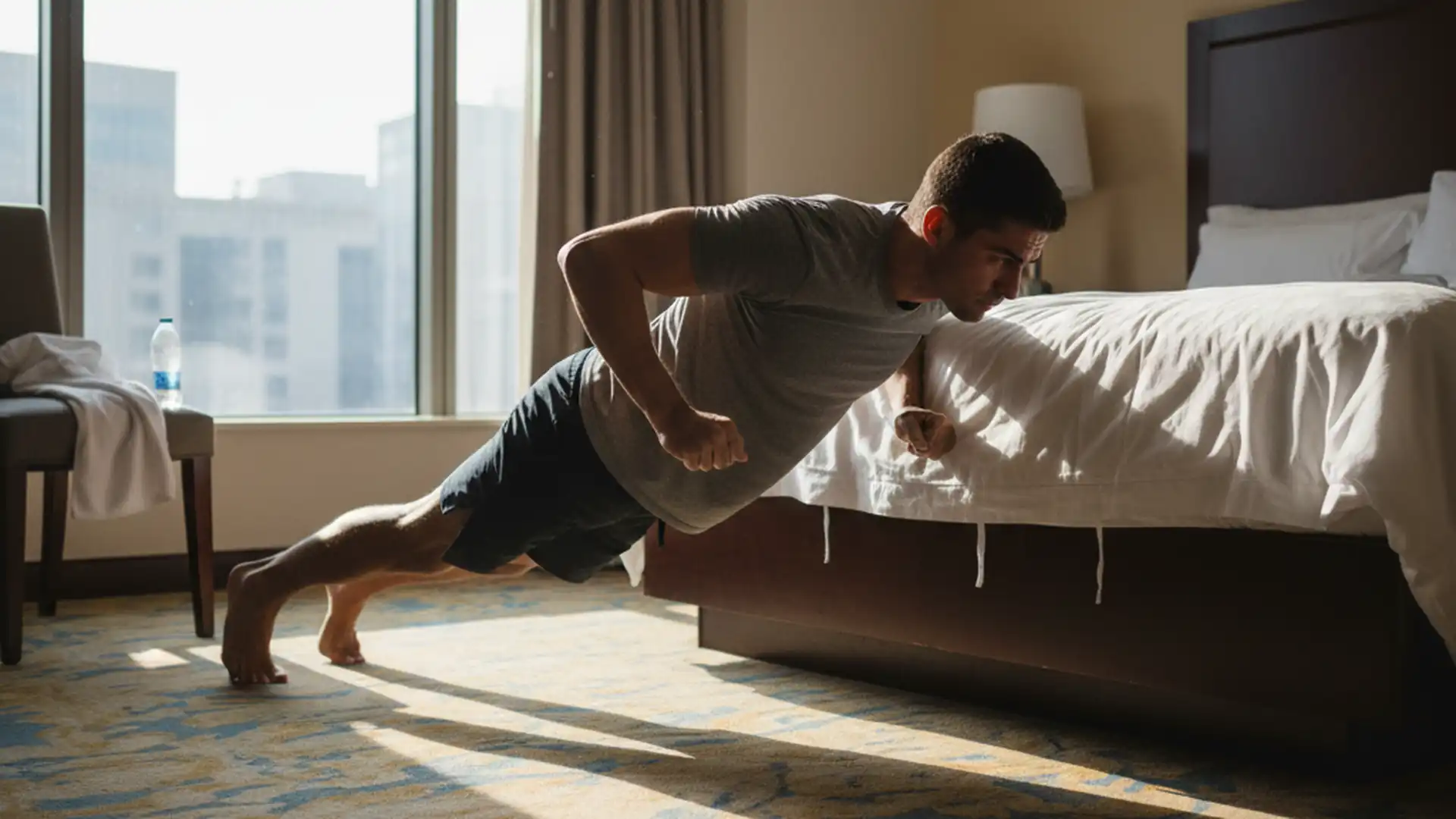 Man doing push-ups on the carpet near the foot of a hotel room bed in athletic gear
