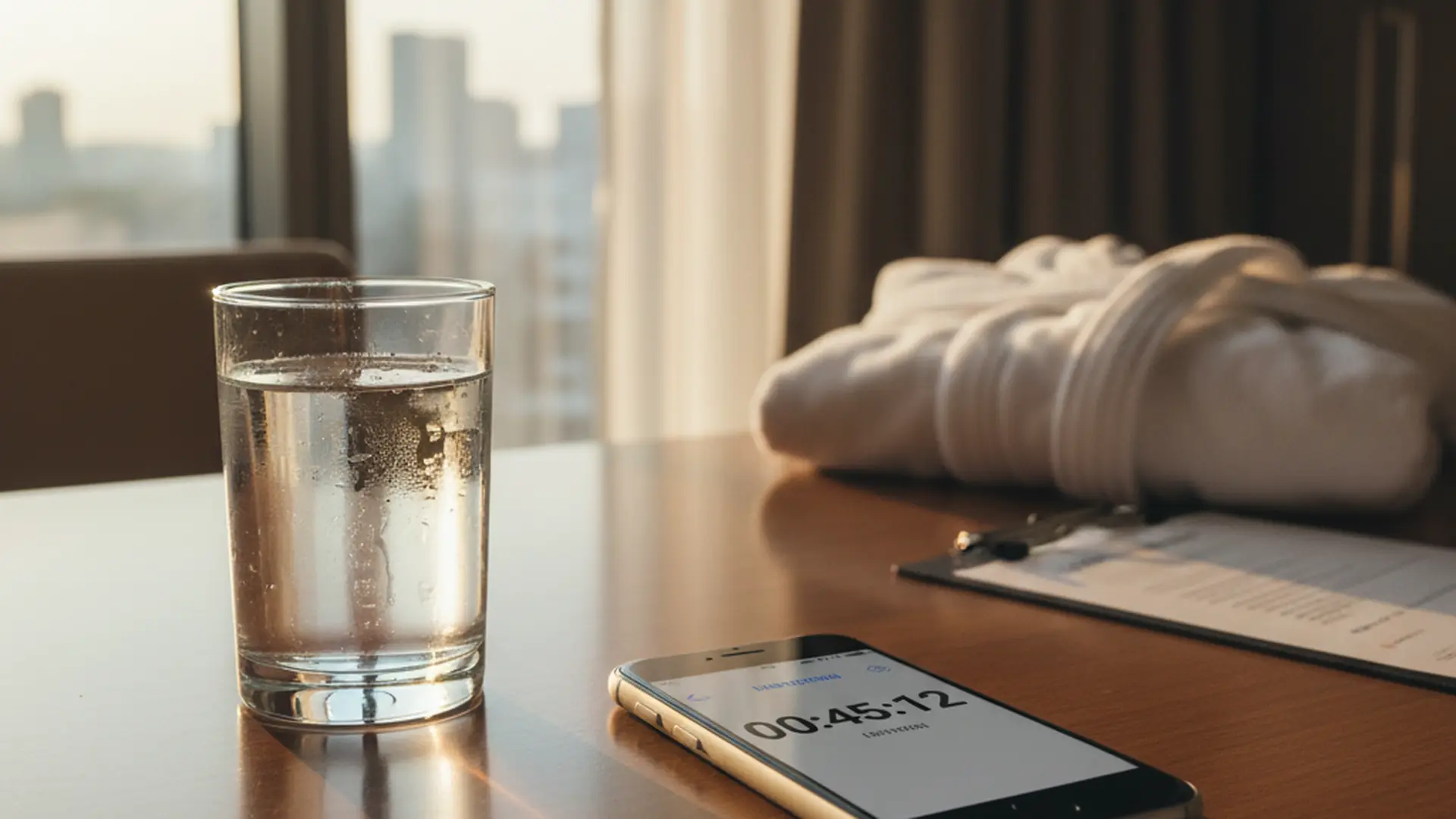 Stopwatch on a phone screen showing a workout timer next to a glass of water on a hotel desk