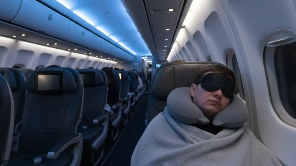 Sleeping passenger on a long-haul flight with an eye mask, neck pillow, and blanket pulled up under soft blue cabin light