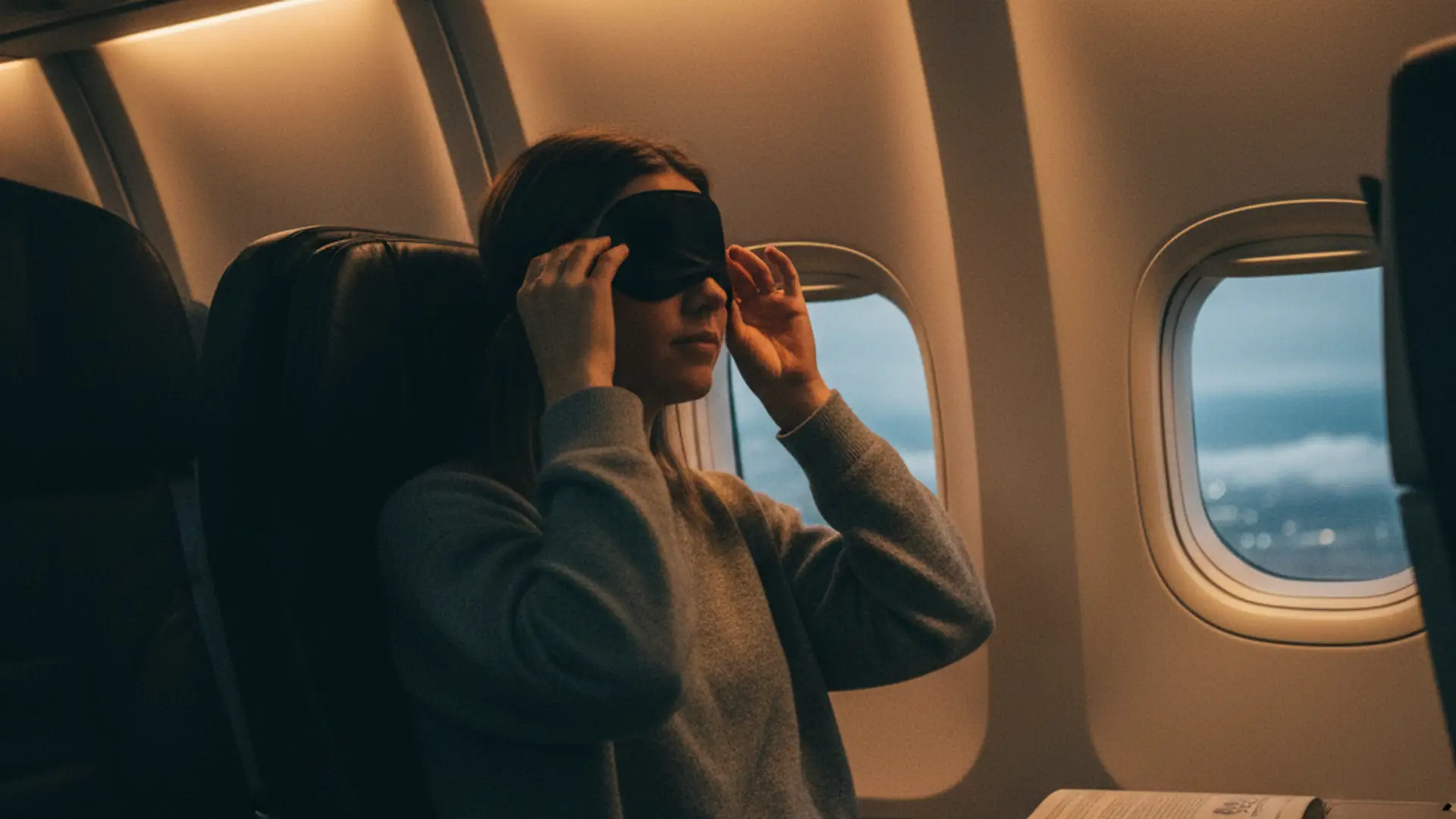 Passenger placing an eye mask over the eyes in an airline seat
