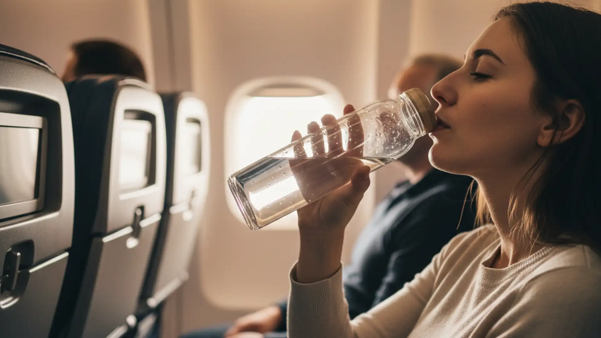 Passenger drinking water from a refillable bottle on a plane