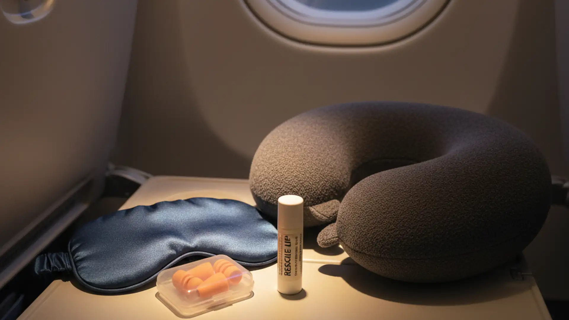 Eye mask, earplugs, neck pillow, and lip balm laid out on a plane tray table before takeoff