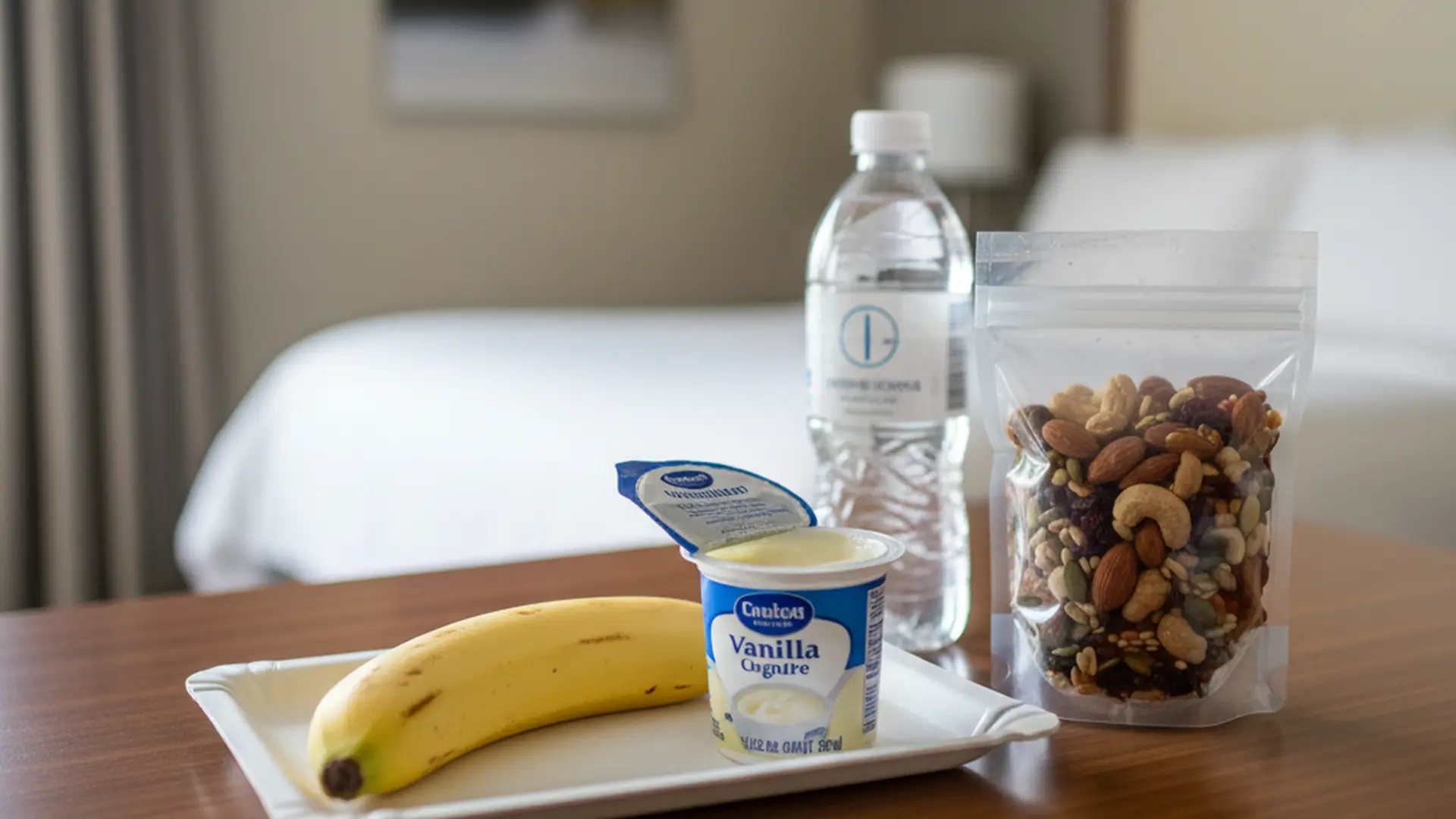 Banana, yogurt, mixed nuts, and a water bottle on a hotel desk