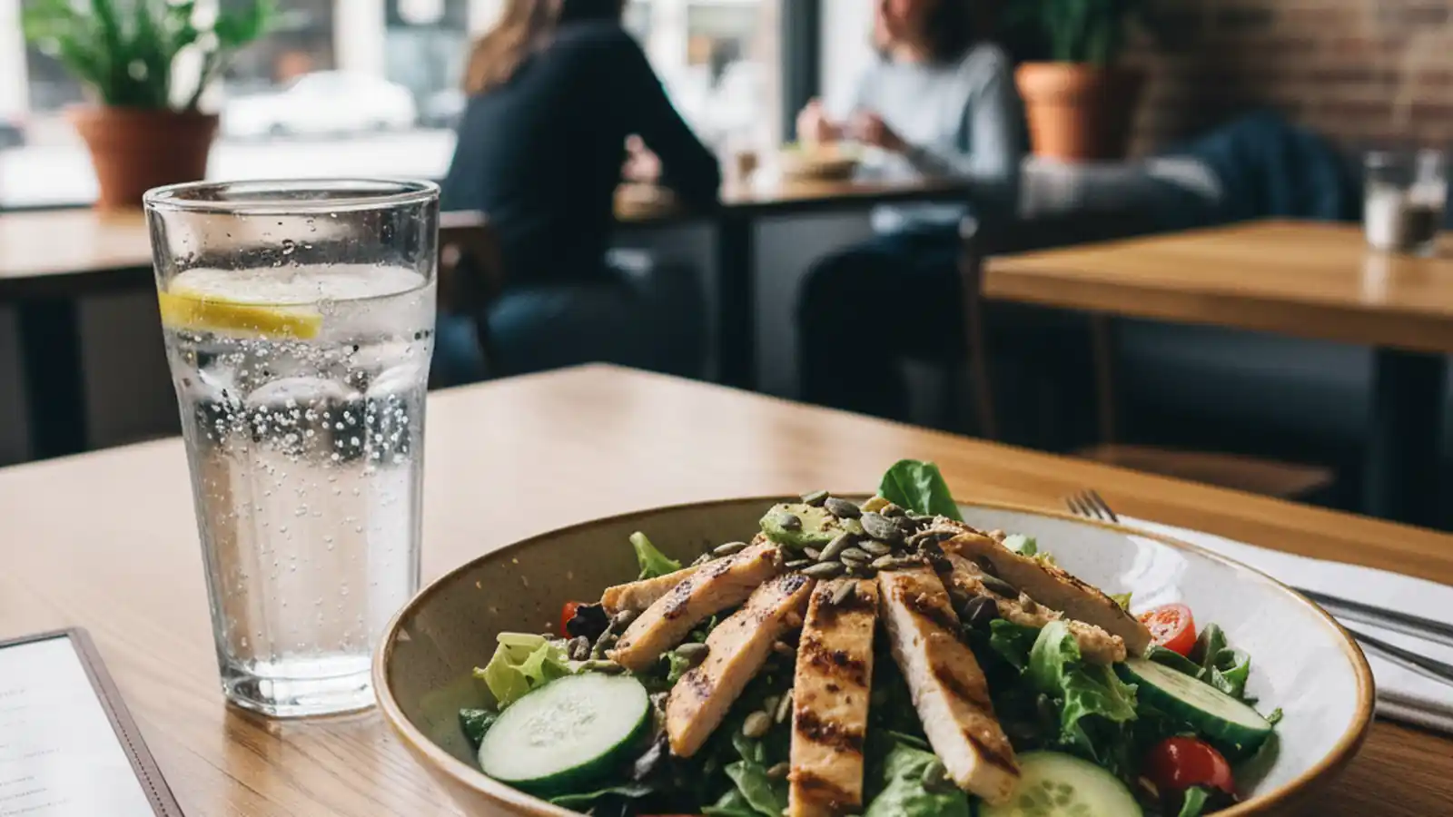 Salad and sparkling water at a small lunch restaurant