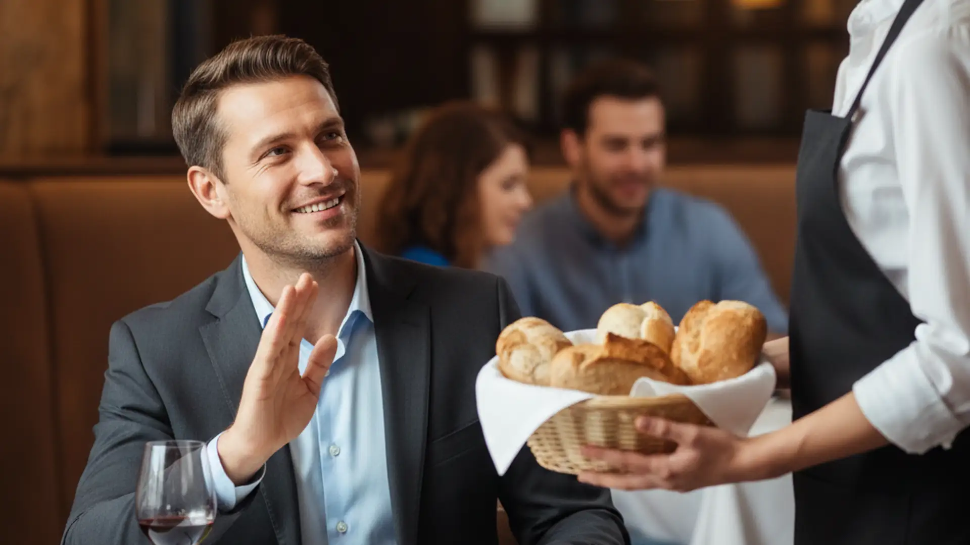 Businessman politely declining bread at a restaurant table while smiling at the server