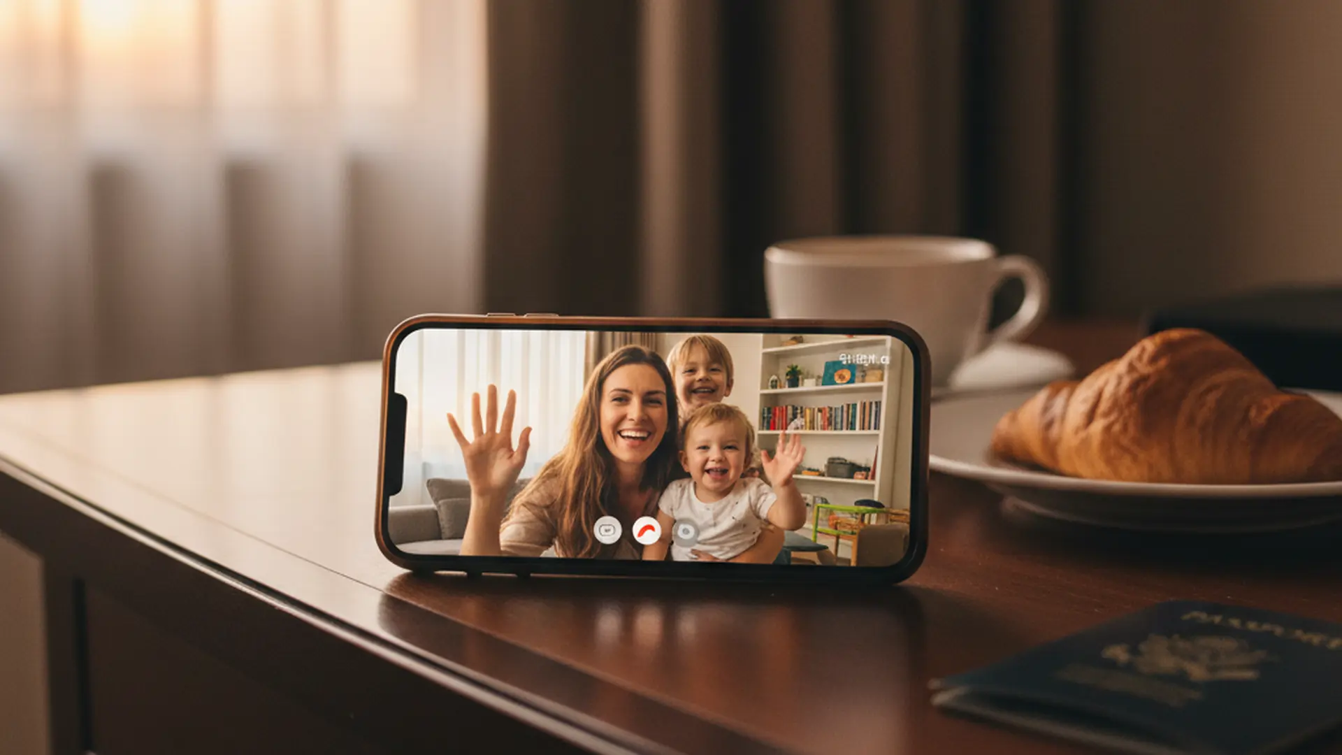 Phone screen showing a video call with a smiling wife and children at home on a hotel desk