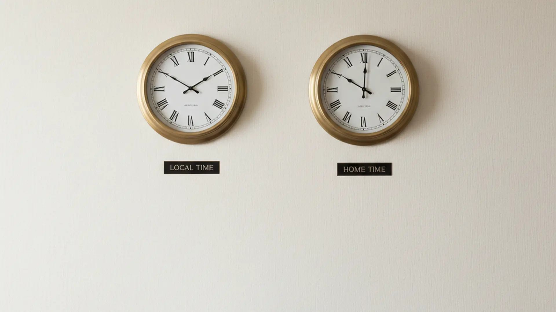 Two clocks on a hotel wall, one showing local time and one showing home time