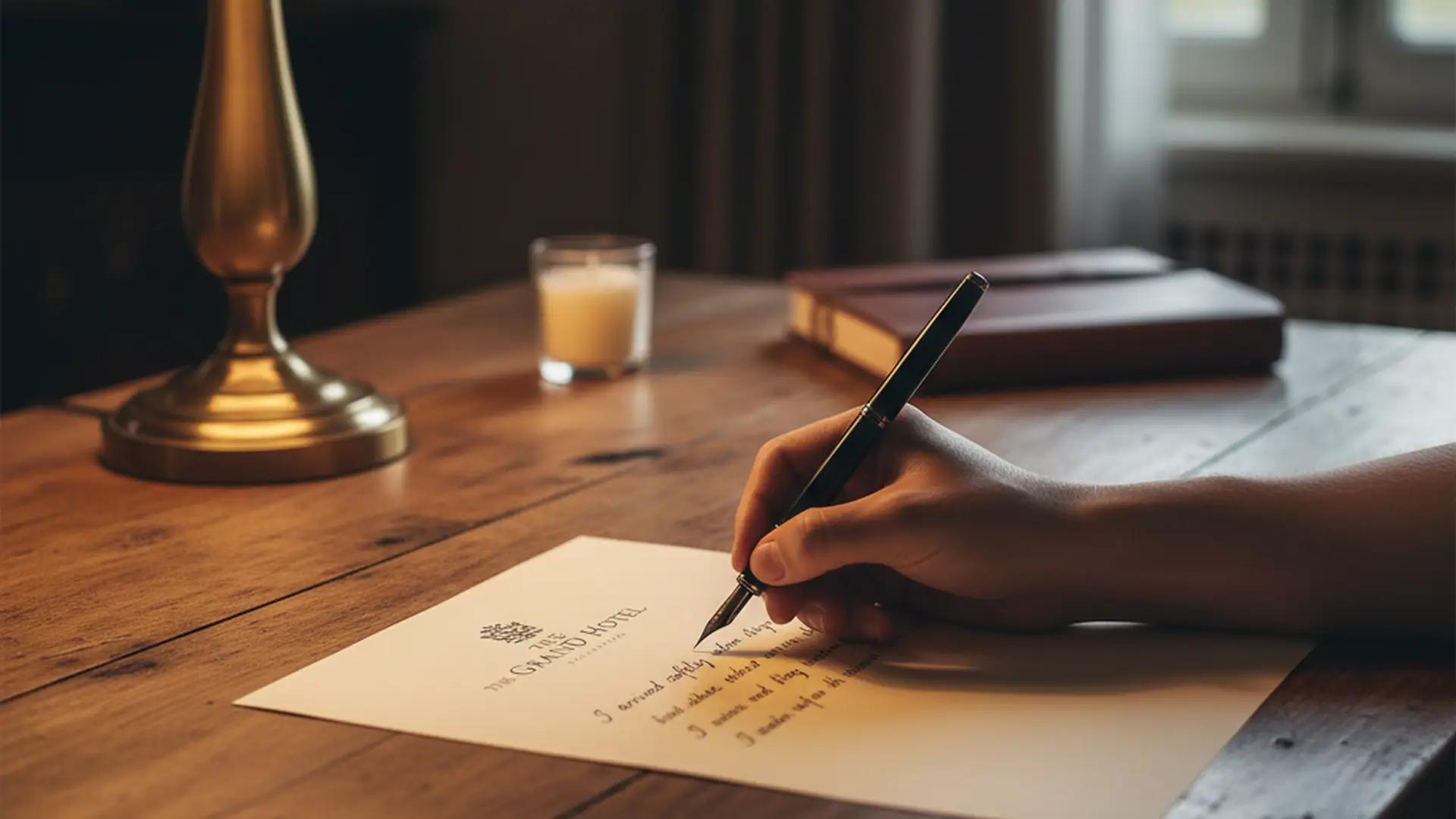 Hand writing a short letter on hotel stationery at a wooden desk