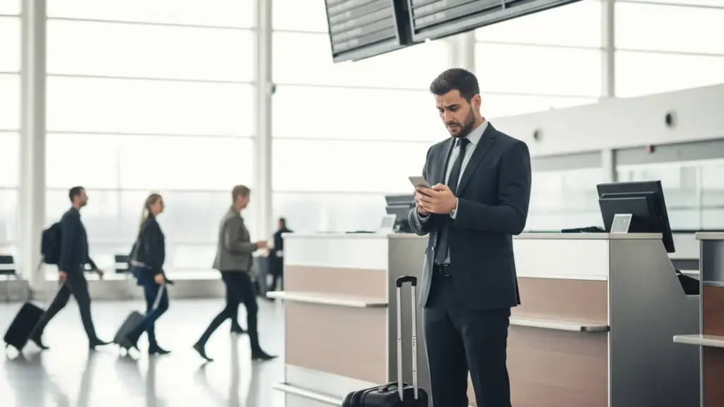 Worried businessman at an airline check-in counter looking at his phone with a suitcase beside him