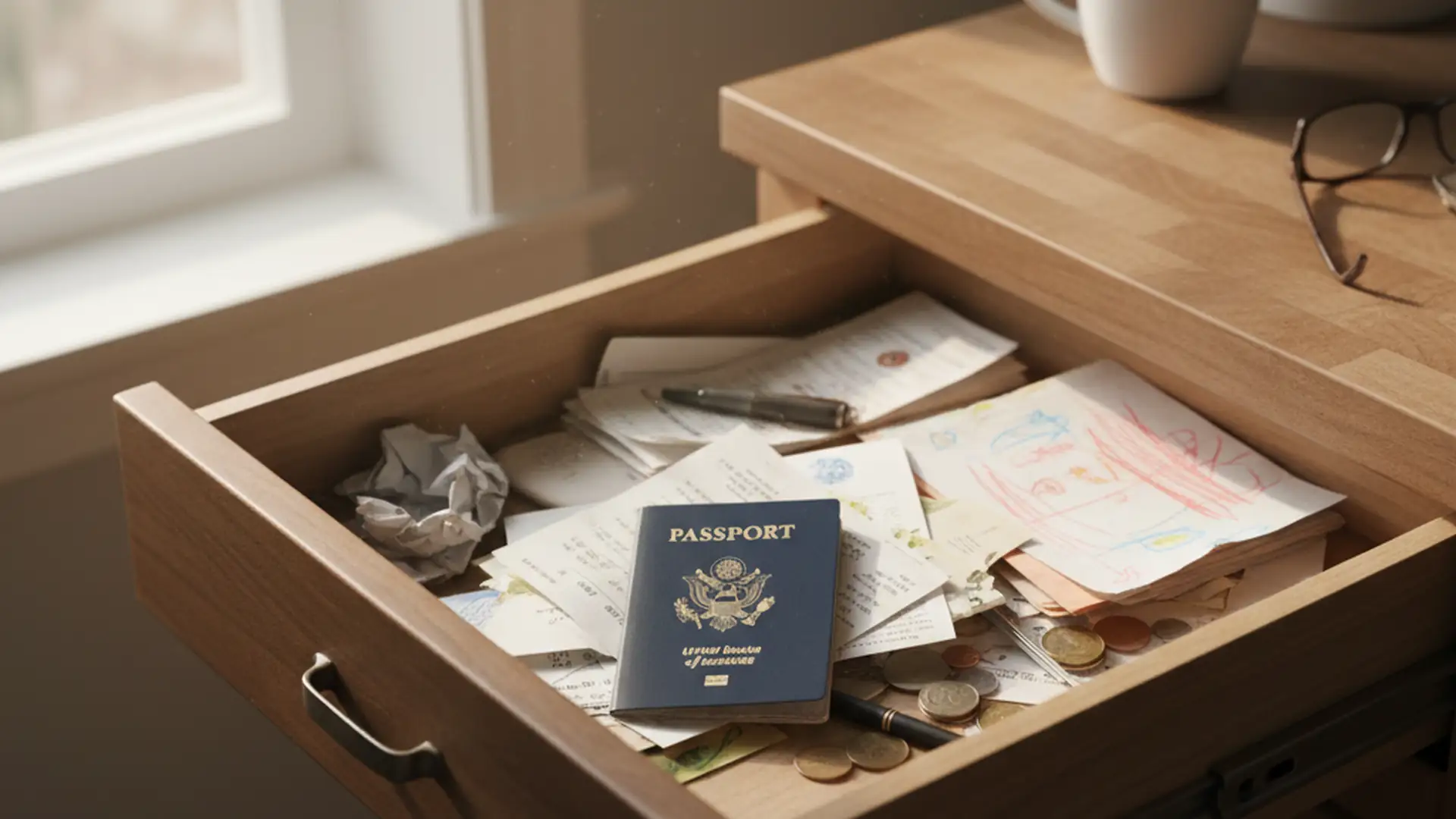Open kitchen drawer showing a passport sitting among loose papers