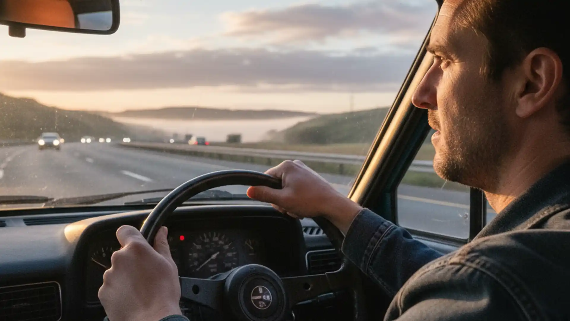 Man driving on a highway in the morning with a determined expression