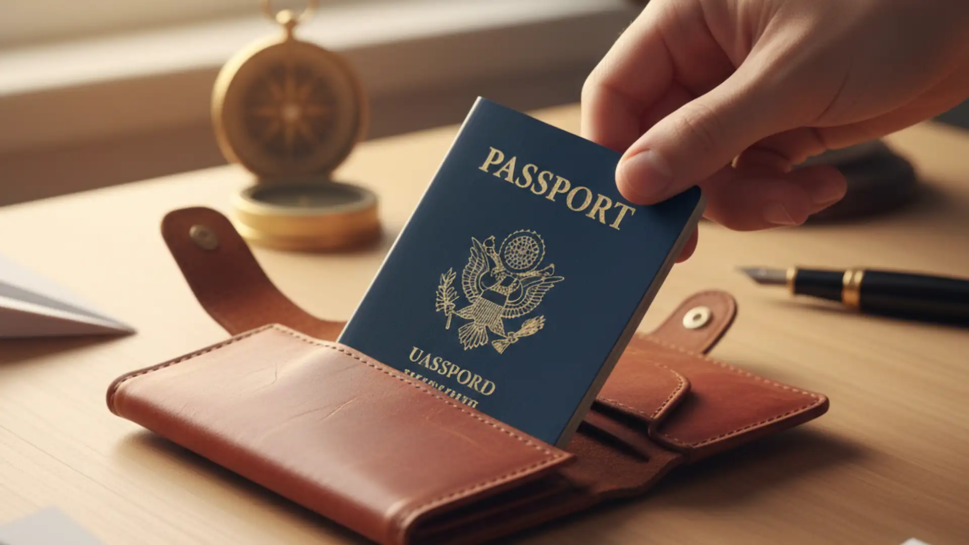 Hand placing a passport into a small leather travel folder on a wooden desk