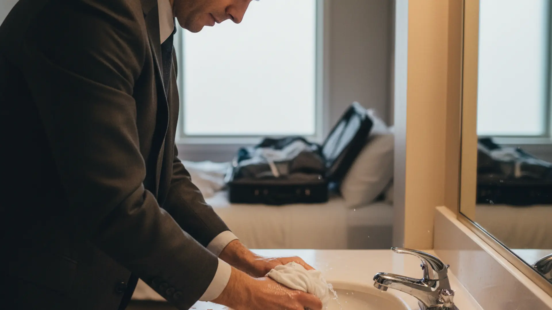 Businessman hand-washing a dress shirt in a hotel sink