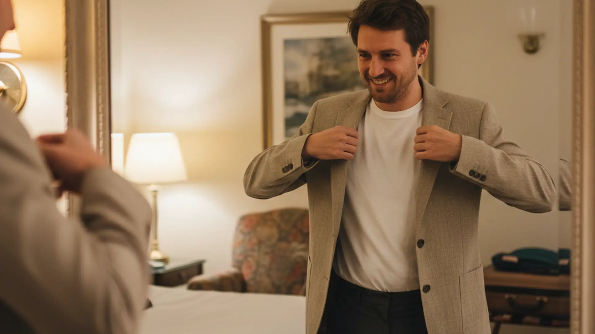 Man in a borrowed slightly oversized blazer checking the fit in front of a hotel mirror