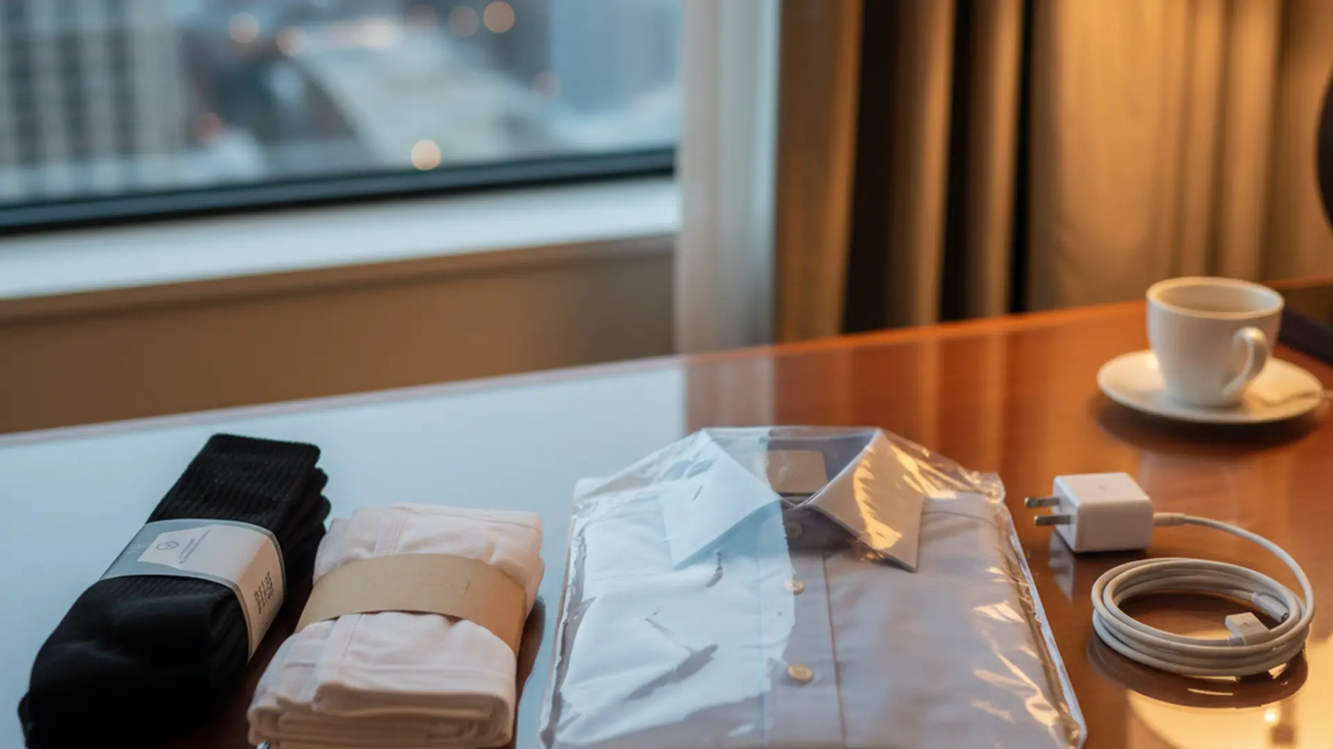 Small emergency shopping haul on a hotel desk: dress shirt, socks, underwear, and a phone charger