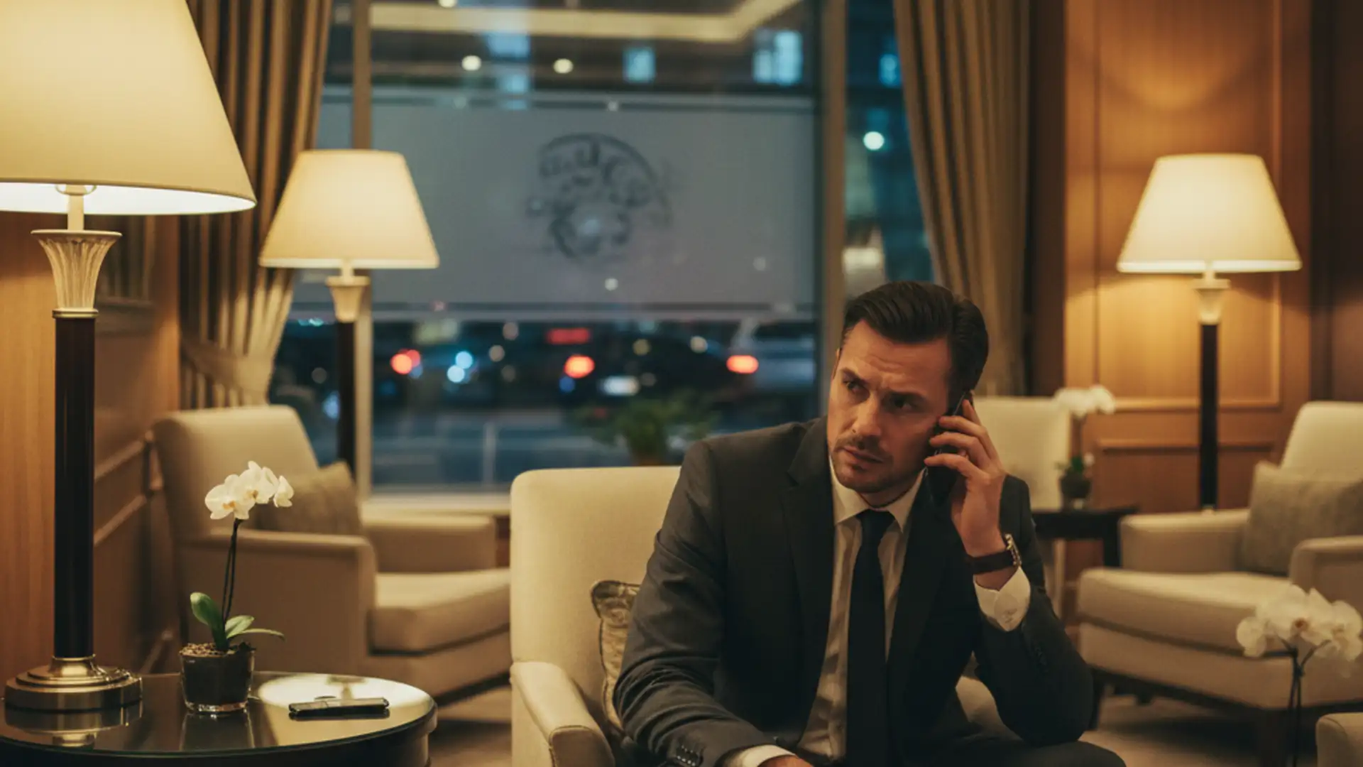 Businessman sitting in a quiet hotel lobby corner with a phone to his ear, looking worried