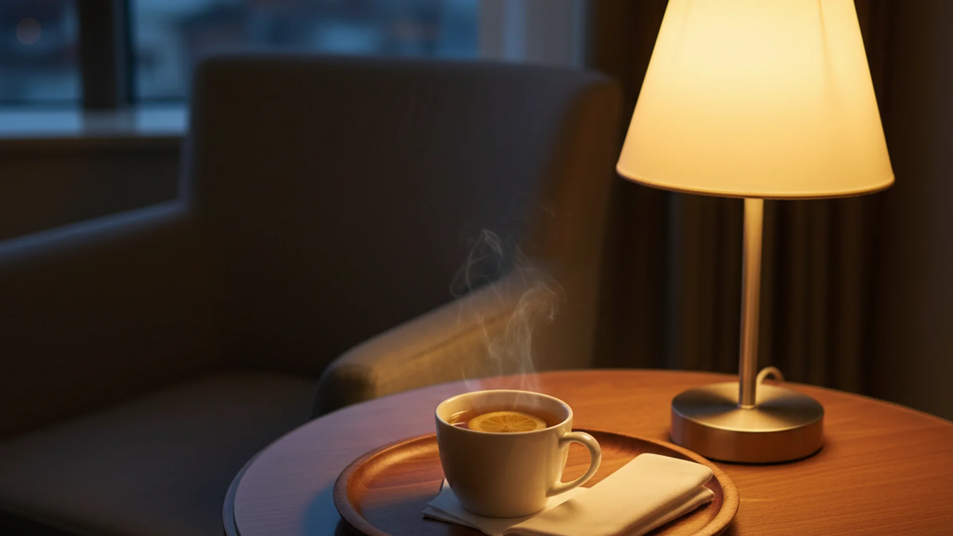 Small tray with a warm cup of tea and a folded napkin on a wooden table next to a hotel armchair