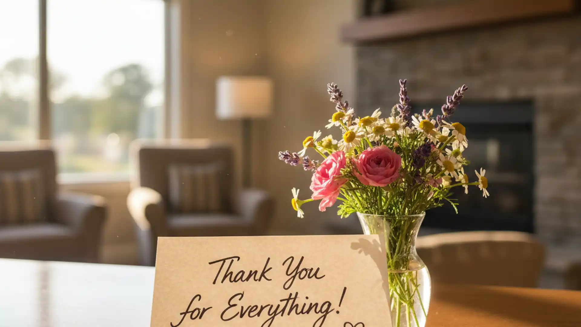 Handwritten thank-you note placed at a hotel reception desk next to a small bouquet