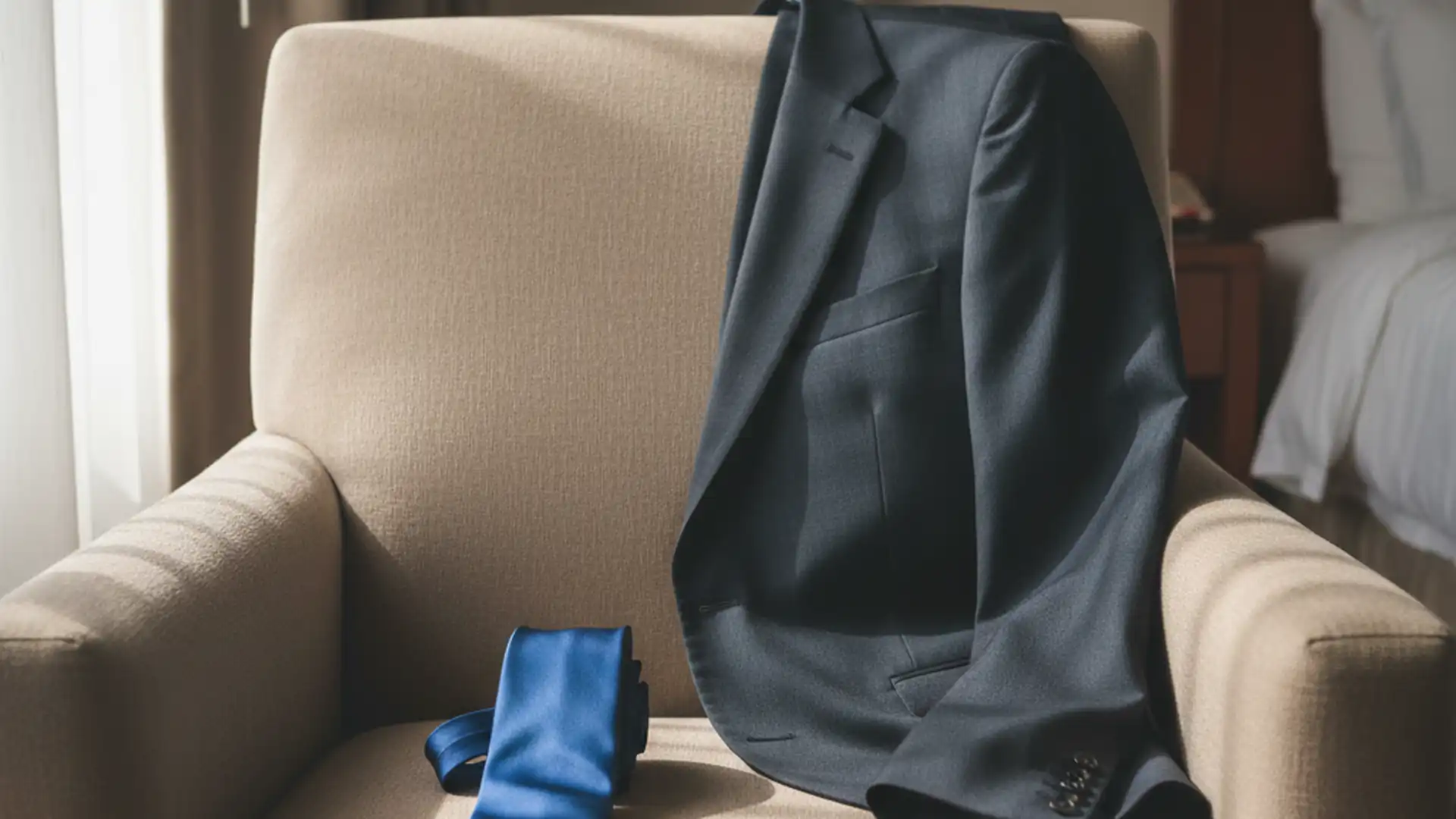 Folded blue silk tie on a hotel chair next to a folded suit jacket
