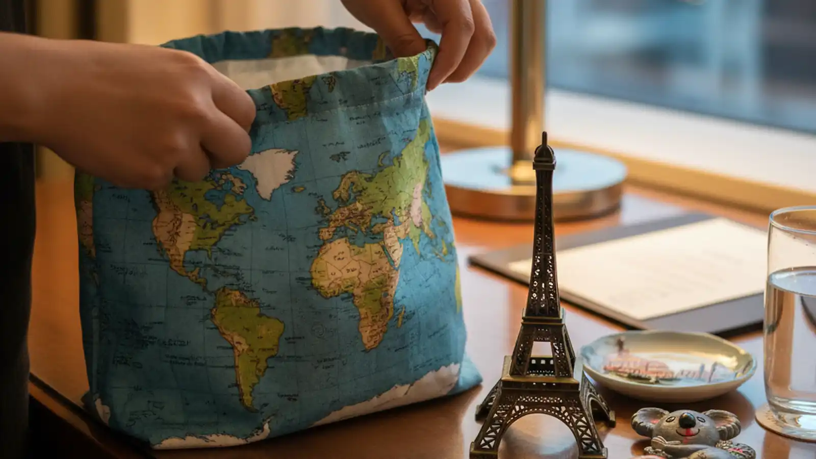 Small folded reusable shopping bag unfolded on a hotel desk next to souvenir items