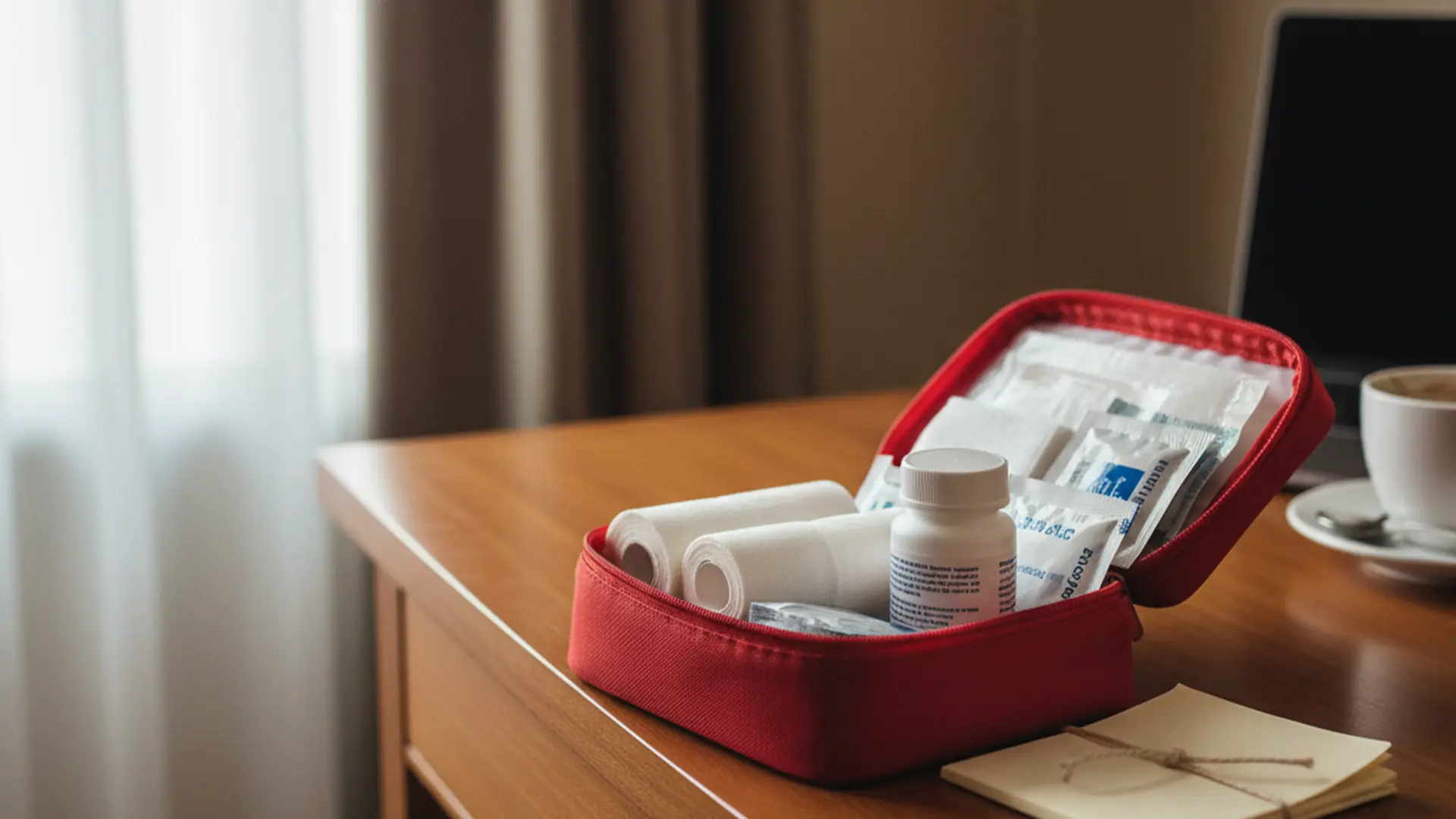 Open first-aid kit on a hotel desk with bandages and a small pill bottle