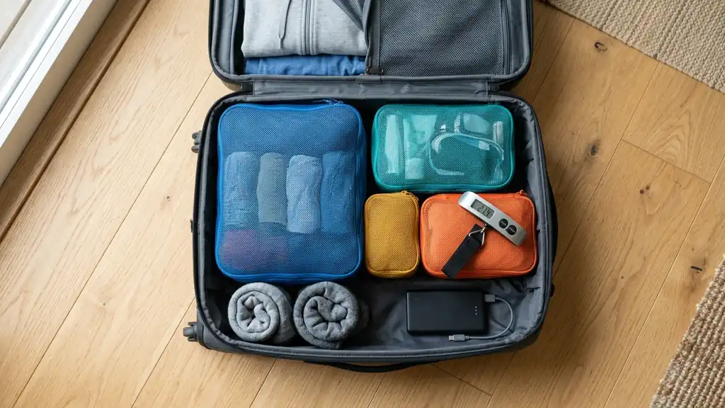 Open carry-on suitcase organized with packing cubes, rolled merino socks, a power bank and a luggage scale