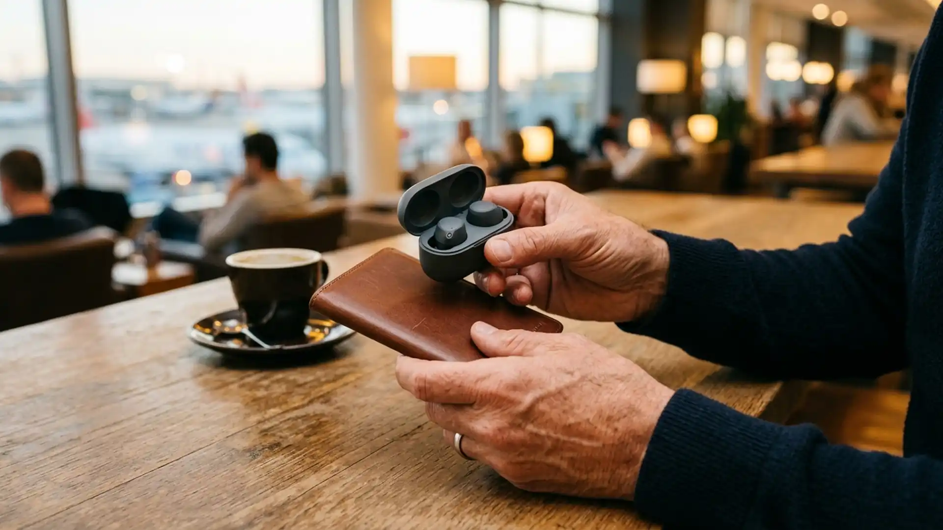 Hands holding noise-canceling earbuds and a slim leather passport holder at an airport lounge table