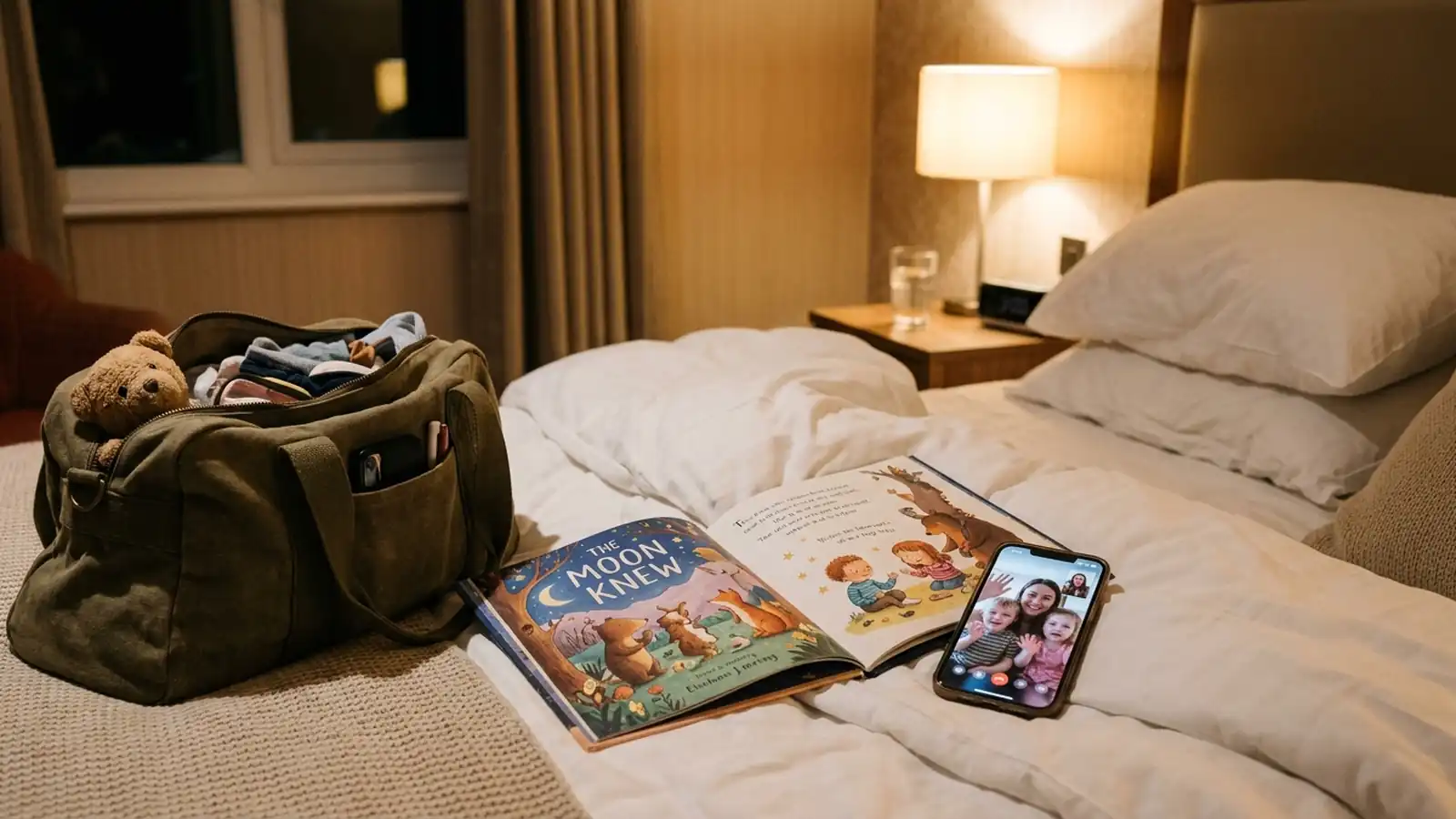 A children's picture book open on a hotel bed beside a packed travel bag and a phone on a video call