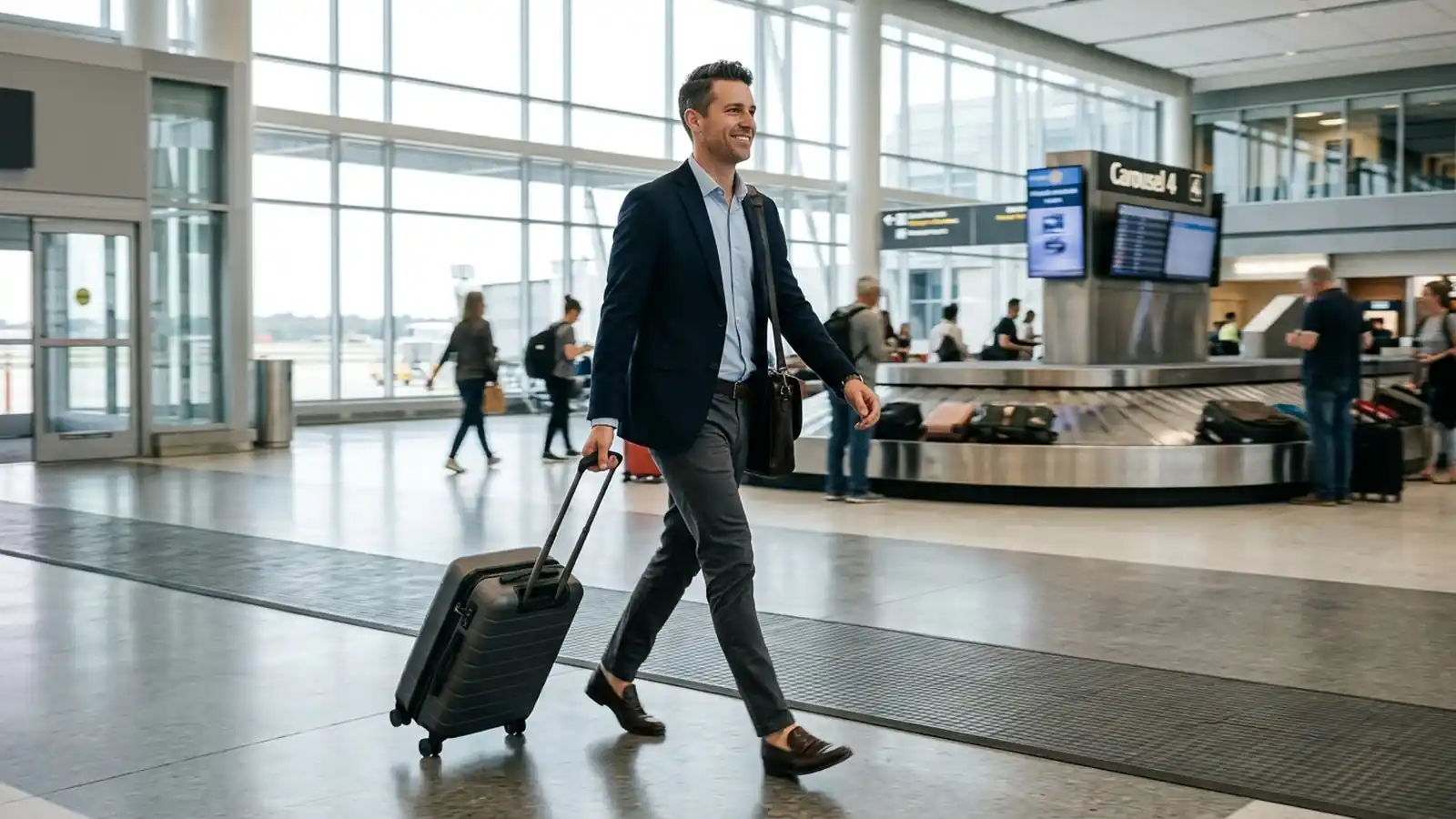 Business traveler walking past baggage claim with a single carry-on suitcase, no checked bag for a 3-day trip