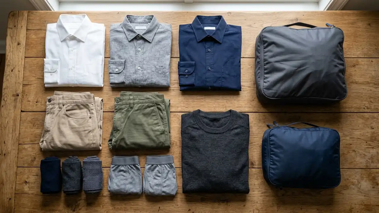 Capsule wardrobe flat lay for a 3-day business trip: three shirts, two pants, socks and a sweater with packing cubes
