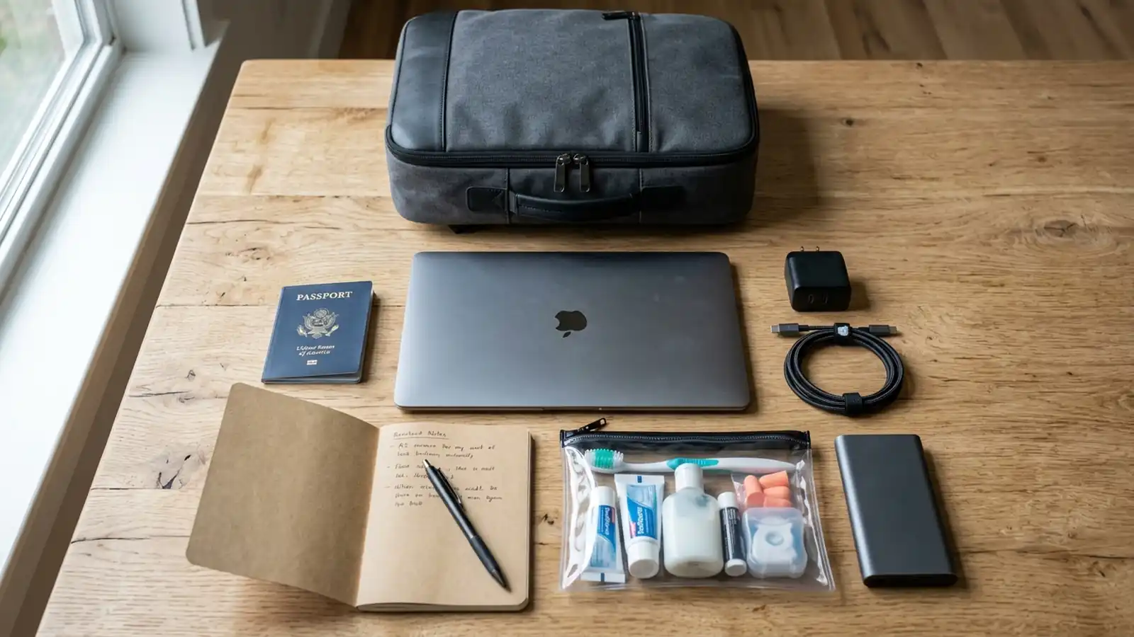 Personal item loadout for carry-on travel: backpack, laptop, compact charger, power bank, quart toiletry bag and passport