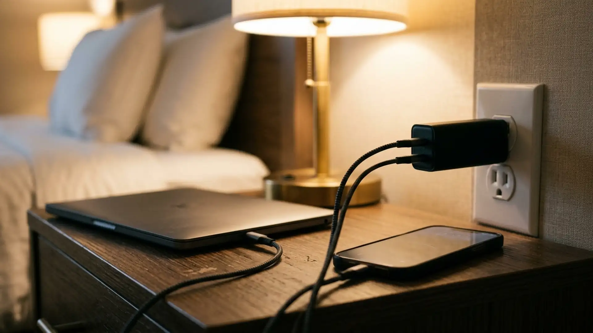 Compact GaN travel charger plugged into a hotel outlet charging a laptop and phone at once