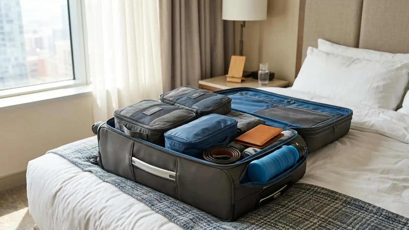 Open carry-on suitcase organized with packing cubes, a slim wallet, and a collapsible water bottle