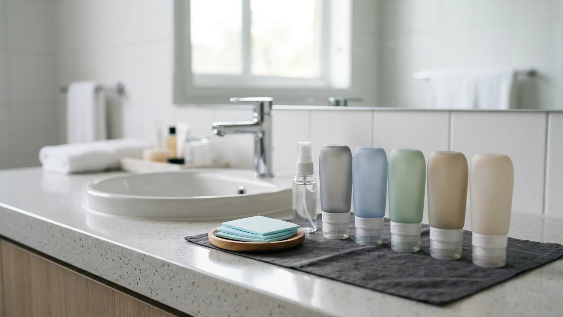 Refillable TSA-friendly silicone toiletry bottles and laundry detergent sheets on a bathroom counter