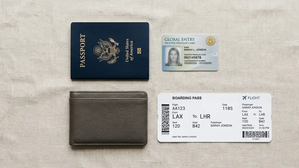 Flat-lay of a passport, trusted-traveler card, RFID travel wallet, and boarding pass for international business travel.