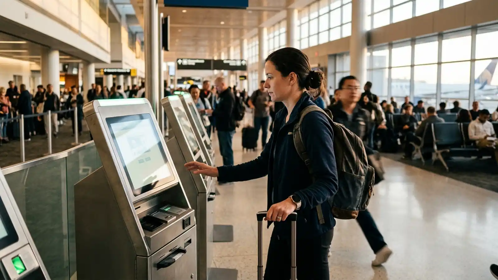 A traveler approaching an automated Global Entry kiosk at a modern U.S. airport terminal.