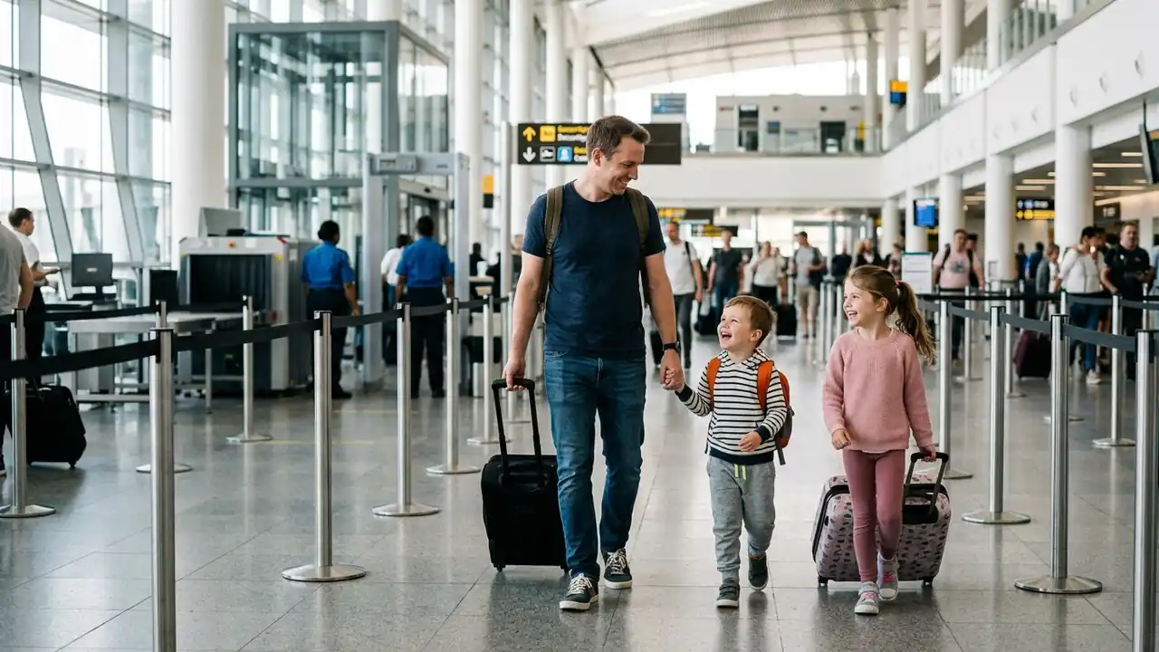A dad walking through airport security with two young children, illustrating the TSA PreCheck family rule.