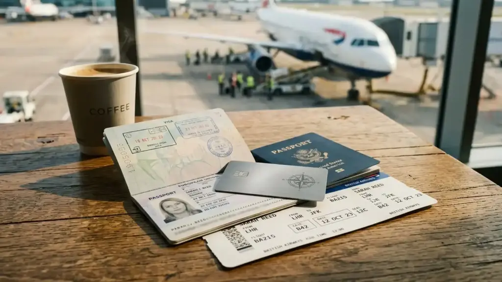 A travel credit card resting on a passport and boarding pass with an airplane visible through an airport window