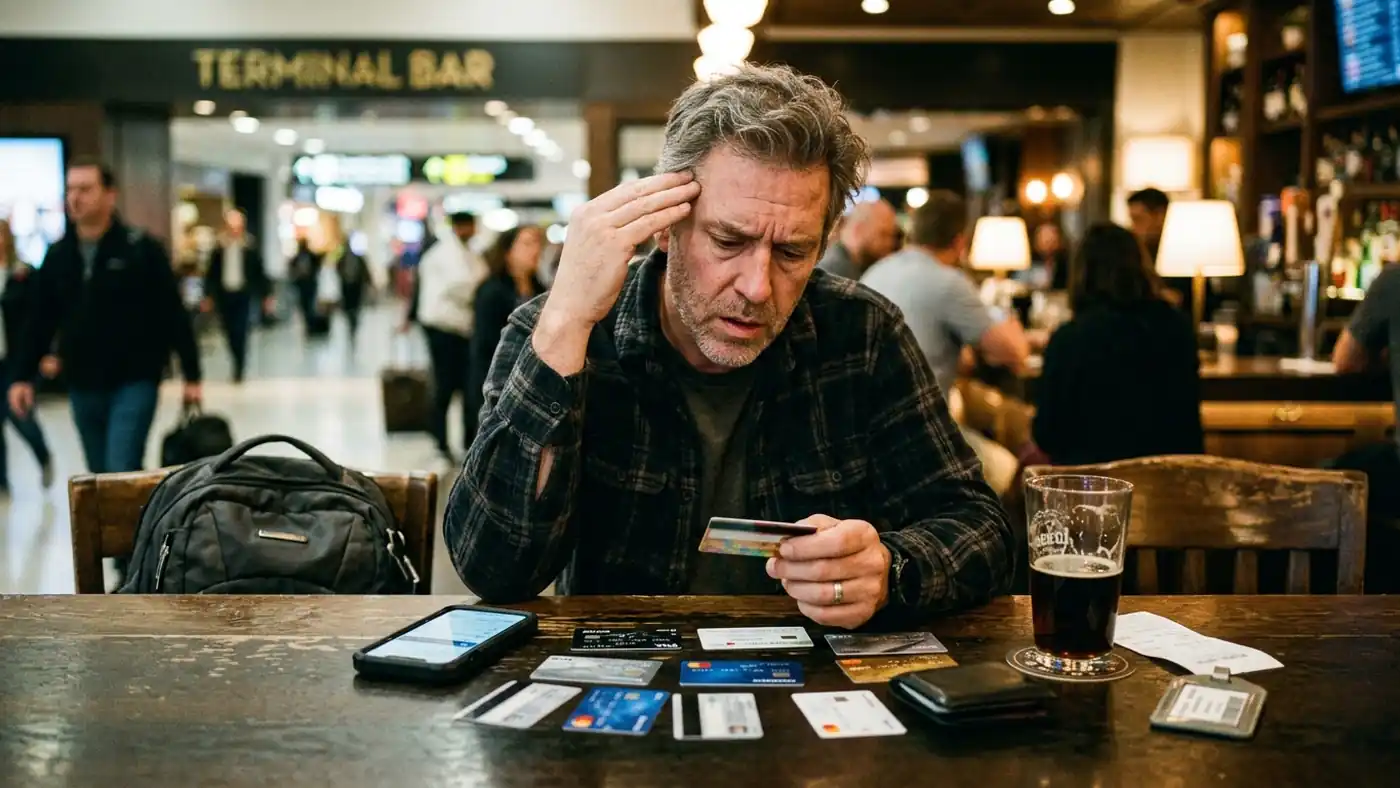 A dad comparing several credit cards on an airport bar counter while looking at his phone