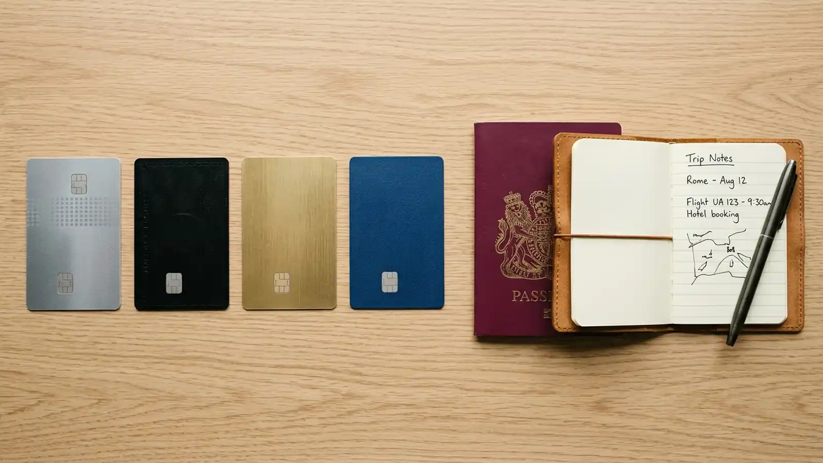 Overhead flat-lay of four travel rewards credit cards in a row beside a passport and notebook