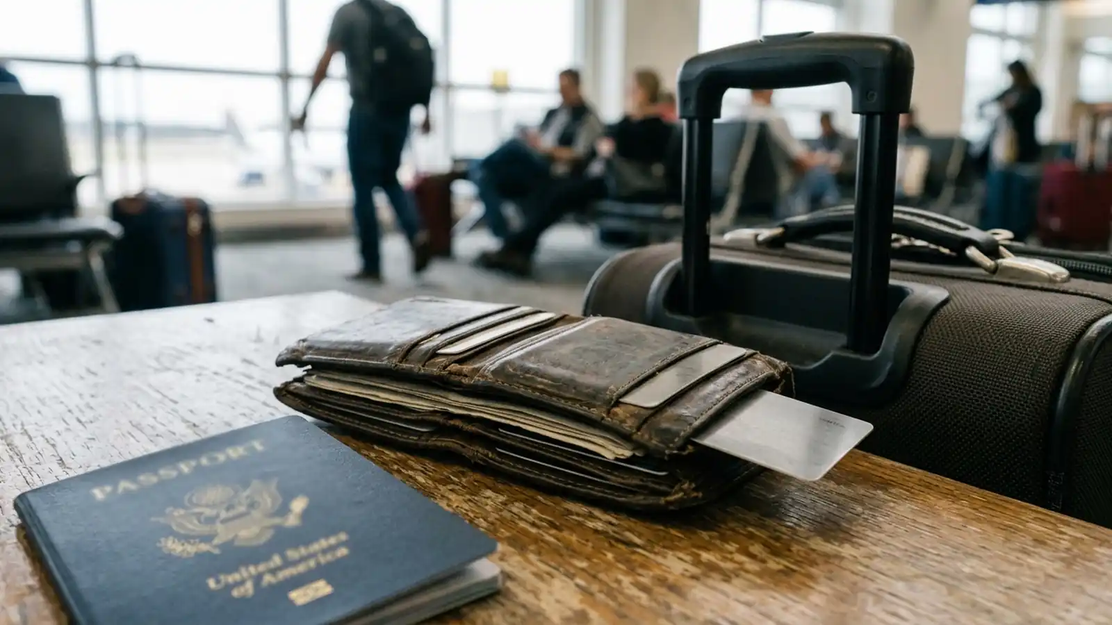 A travel wallet with one credit card and a trusted-traveler document next to a carry-on bag