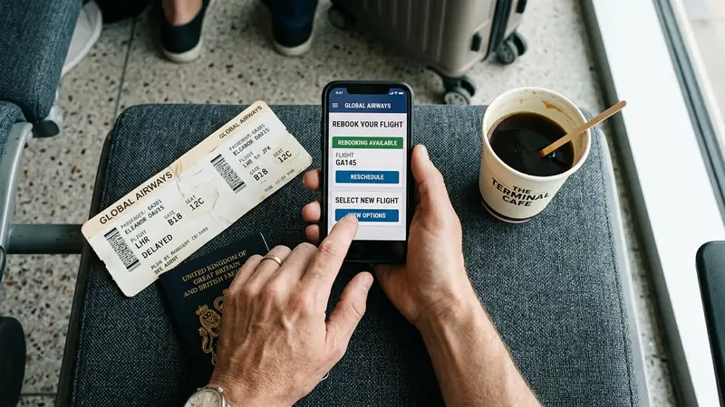 Traveler holding a phone with an airline rebooking app open next to a boarding pass and passport on an airport seat