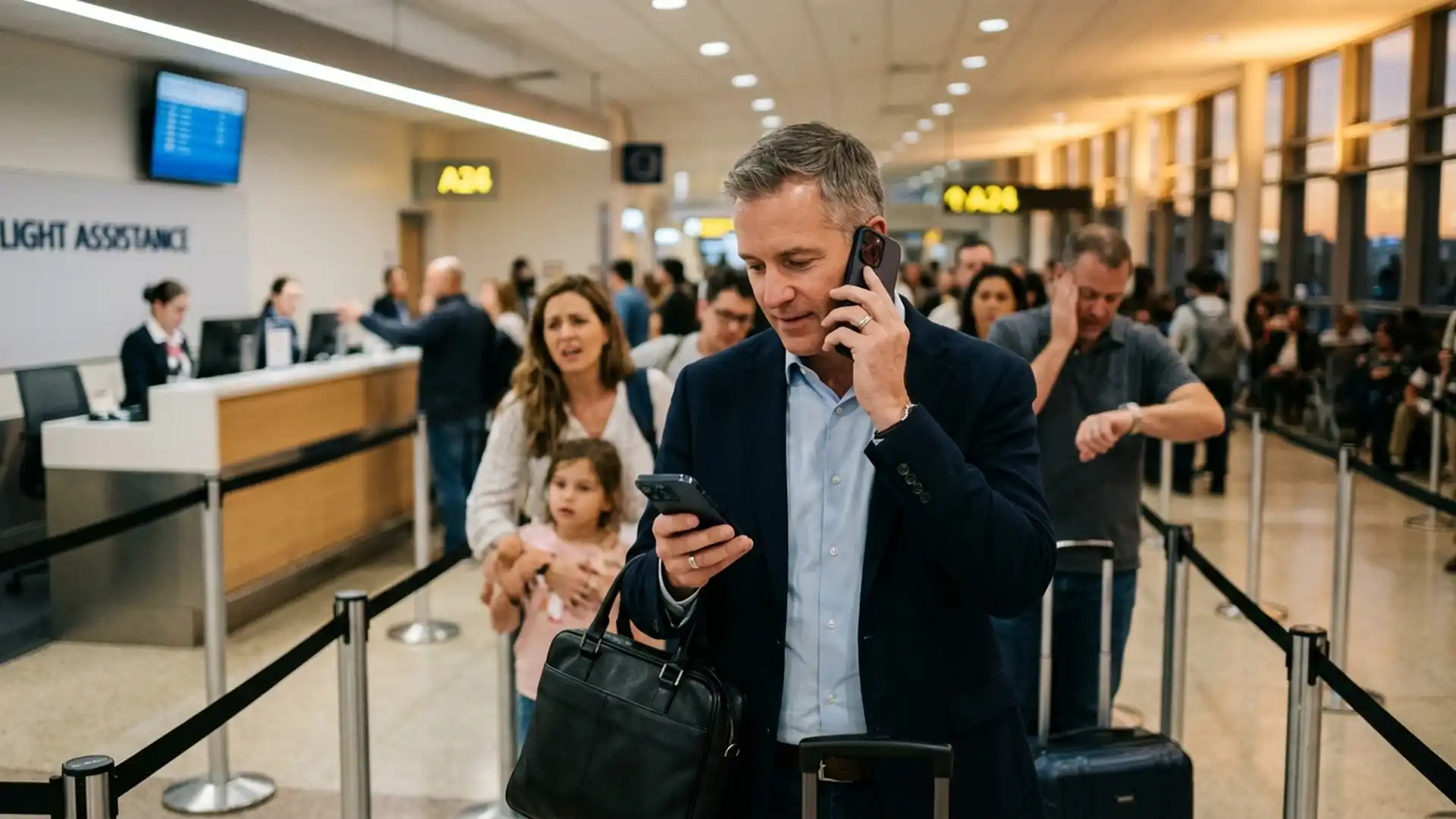 Calm business traveler working the phone while standing in line at an airline service desk during a flight cancellation