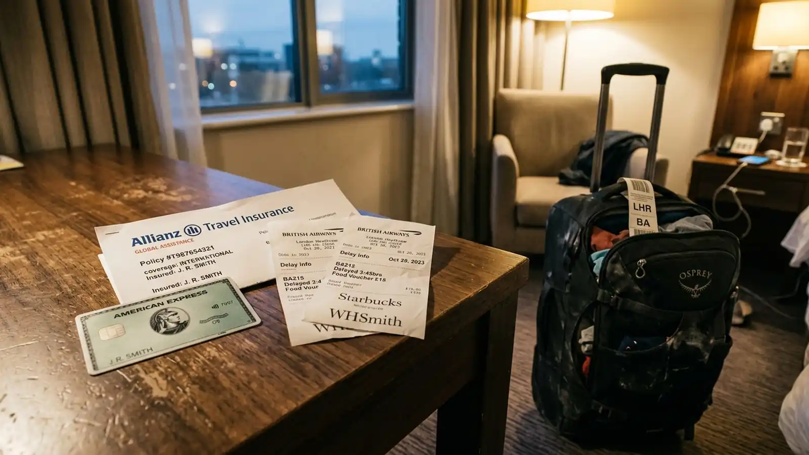 A travel credit card, insurance document, and delay receipts on a hotel desk beside a carry-on bag after a cancelled flight