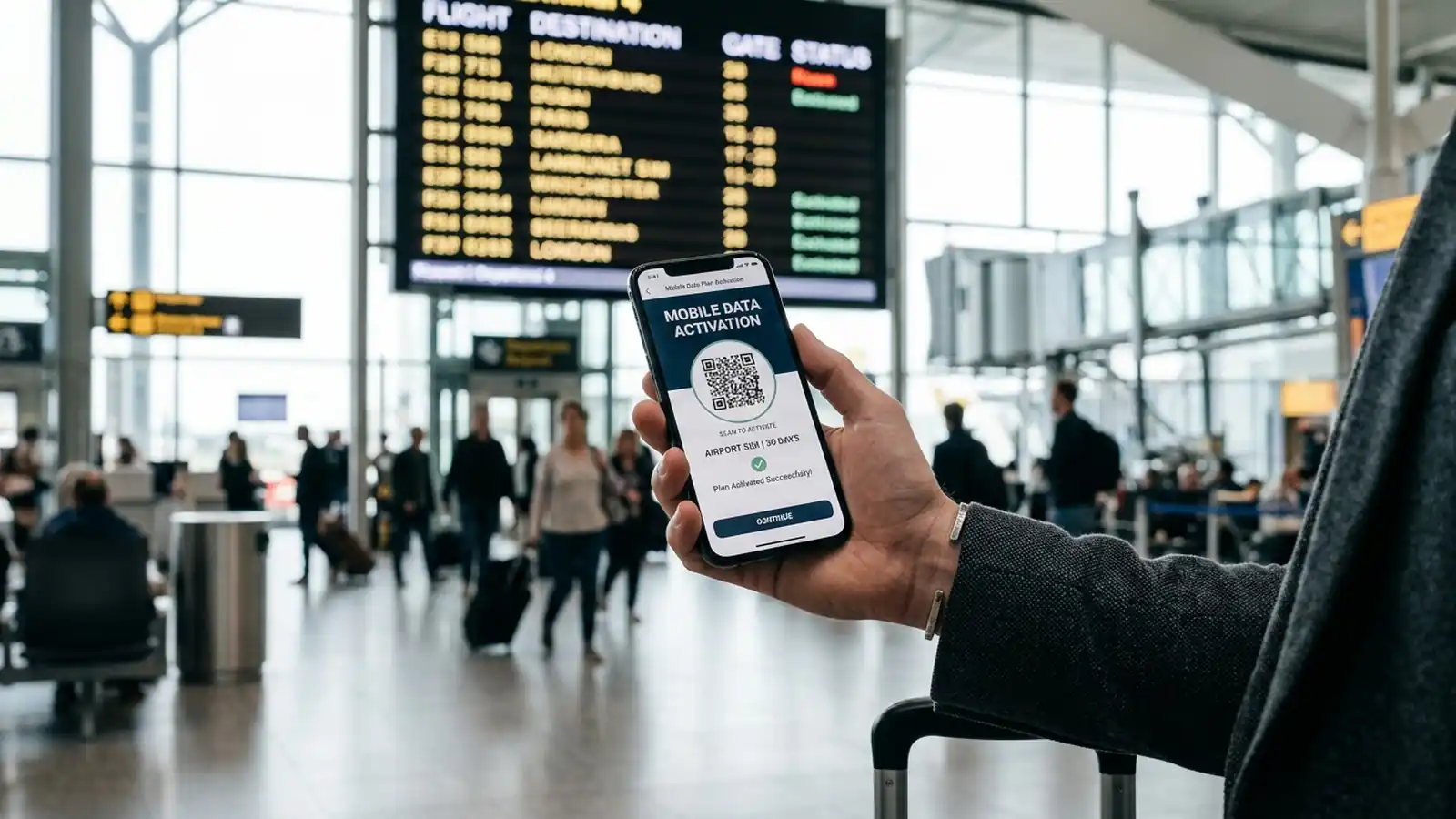Traveler activating a mobile data eSIM plan by scanning a QR code on a smartphone at the airport