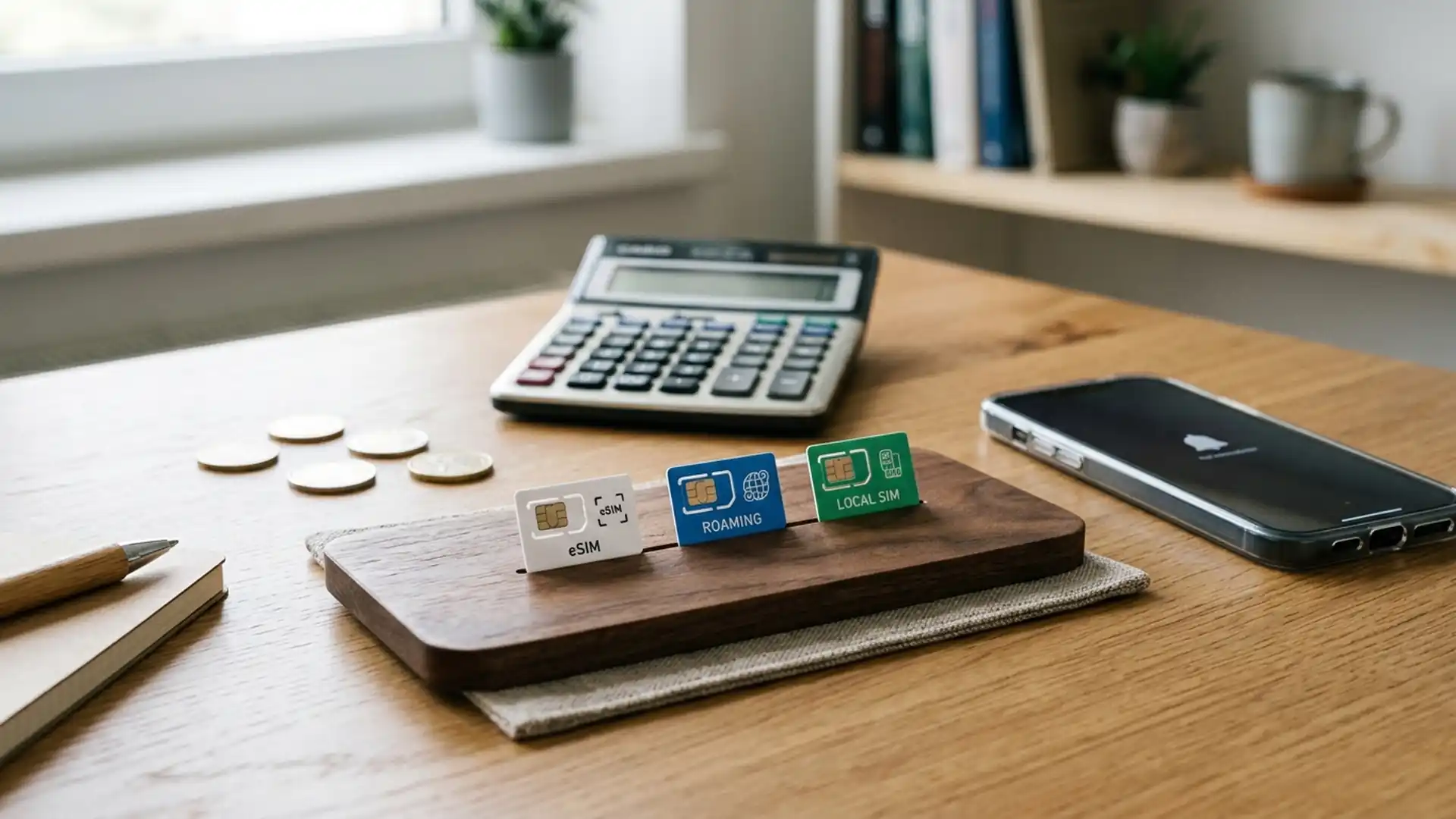 Conceptual comparison of eSIM, international roaming and local SIM card options with a calculator and phone