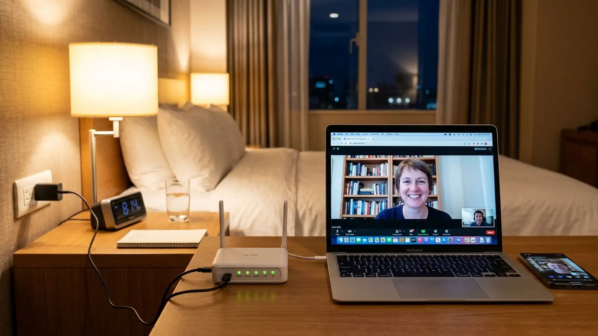 Pocket travel router on a hotel nightstand sharing wifi to a laptop and smartphone on a work video call