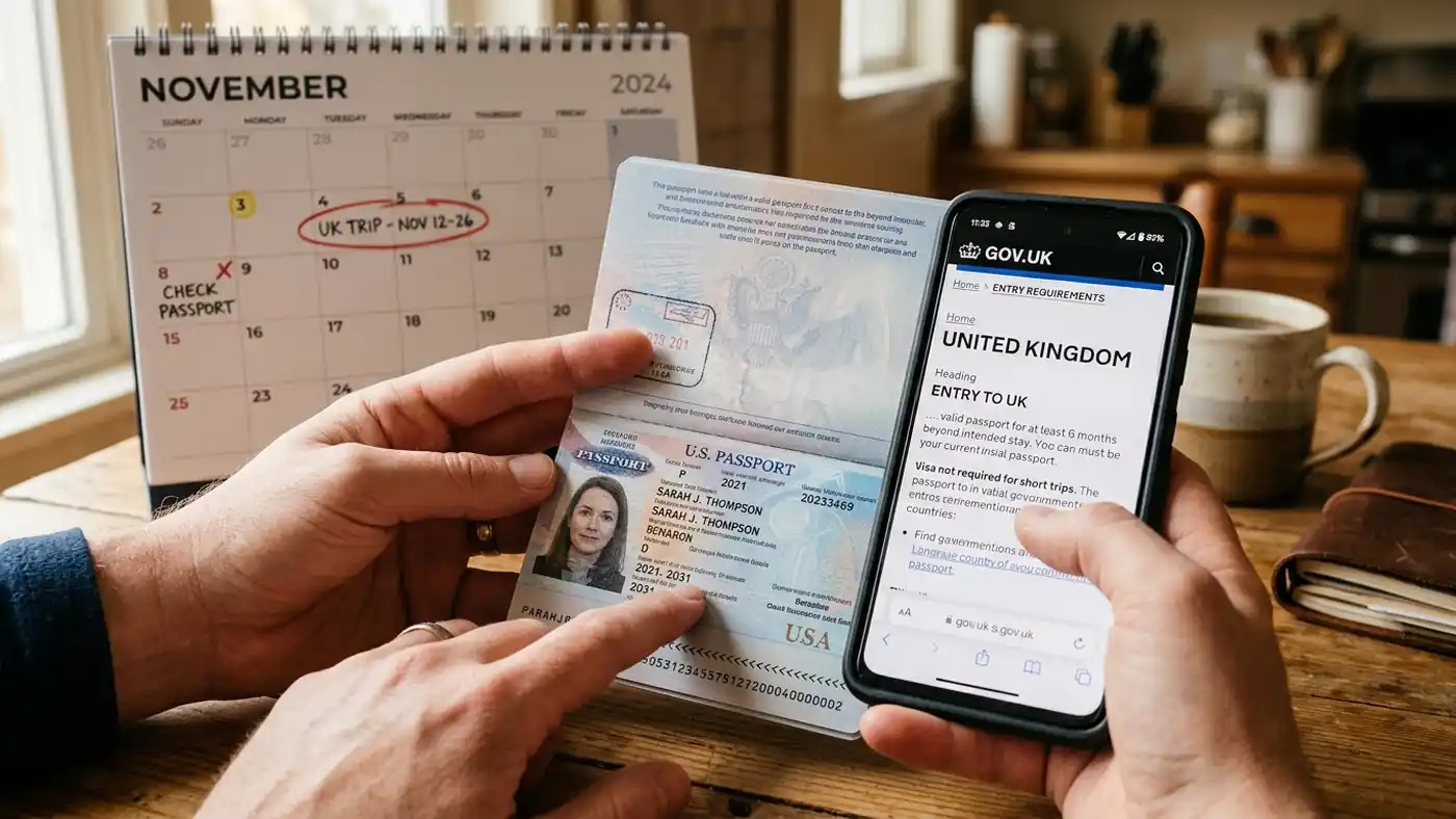 A hand holding an open passport next to a phone displaying a country's official entry-requirements page to check the six-month validity rule