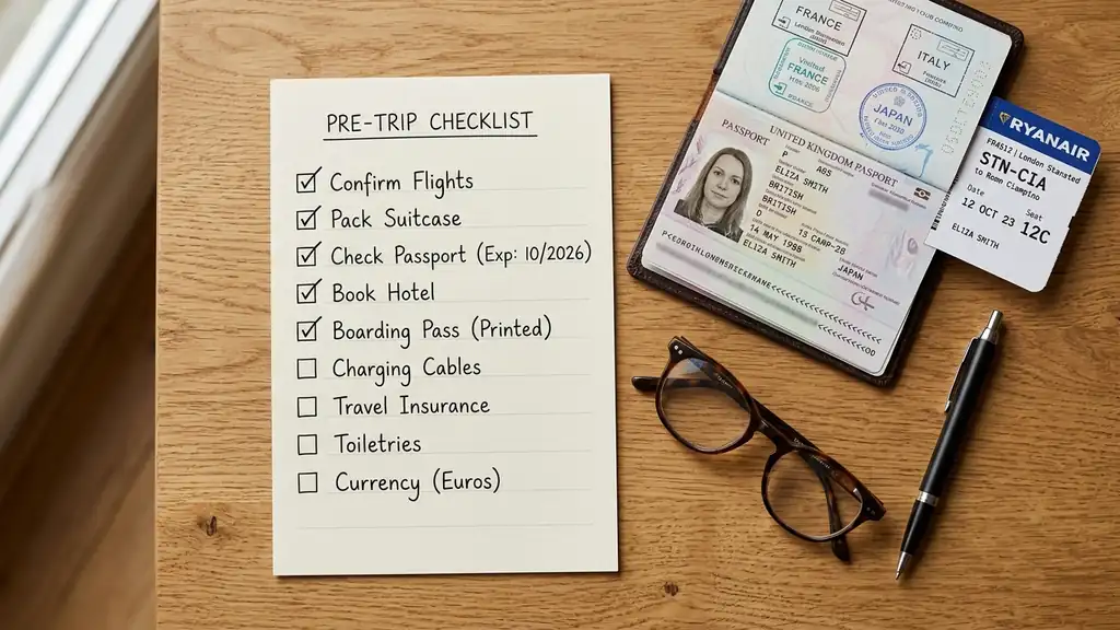 An overhead flat-lay of a pre-trip passport and visa checklist beside an open passport, boarding pass, and pen on a wooden table