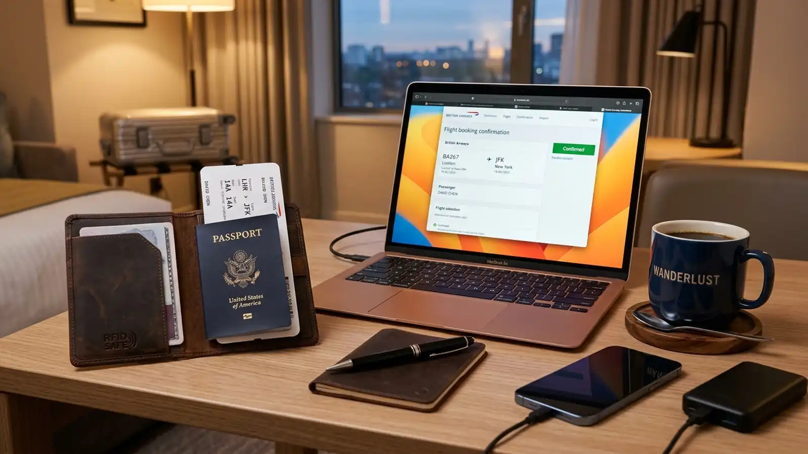 An RFID passport holder with passport and boarding pass on a travel desk beside a laptop showing a flight booking